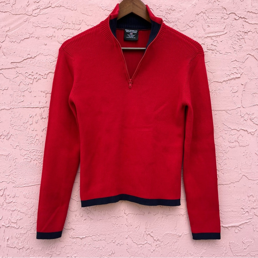 Vintage Ralph Lauren Polo Jean Co 1/4 Zip Ribbed Sweater Red Blue Y2K Size Large